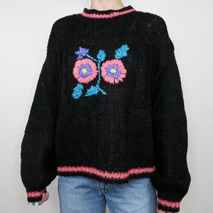 Vintage 80s Ivy Handmade Knit Floral Sweater